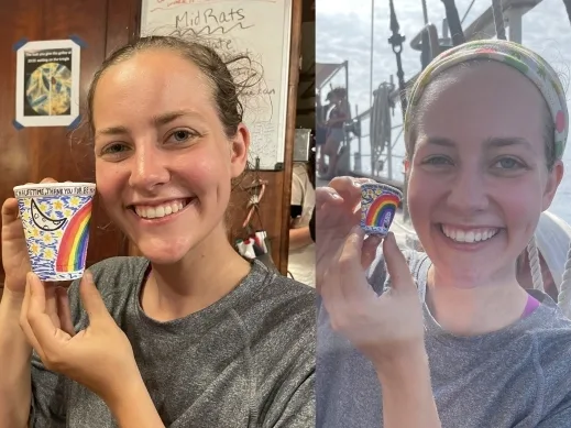 Talia with her cup, both before and after it either shrank, or she just grew. Unclear which.