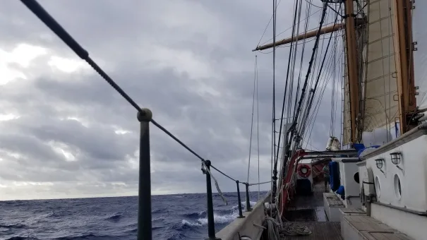 The Corwith Cramer during a sporty day. Sounds on this day: louder outside voices to be heard over the wind, water splashing on the hull, squeaky salty shoes on the deck.