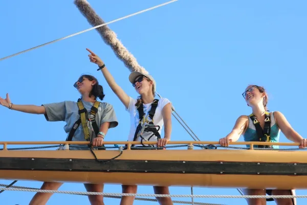 Natalia, Meredith and myself aloft on the course brace!