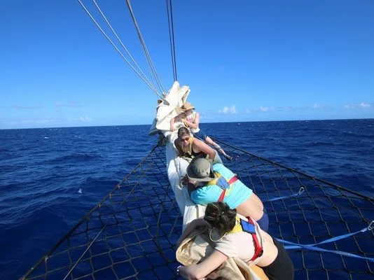 Gabriella, Nate, Nick and Spatch┘furling the jib sail while testing out our balance over high seas.