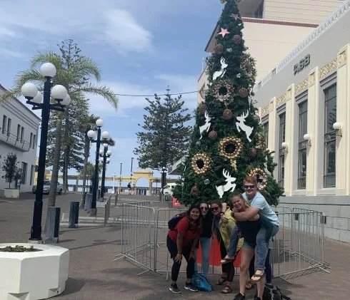 Naomi, Maia, Mollie, Natalie, Mathilde, and Derek pose in Napier in front of a Christmas tree (and palm trees).