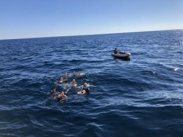 Eight happy sailors swimming in the ocean.