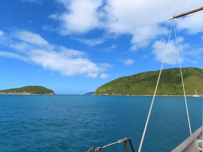 View from the port side of SSV Corwith Cramer at anchor in Francis Bay