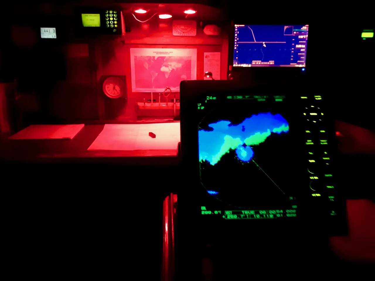 Radar monitor depicting the cold front coming in from the northeast.