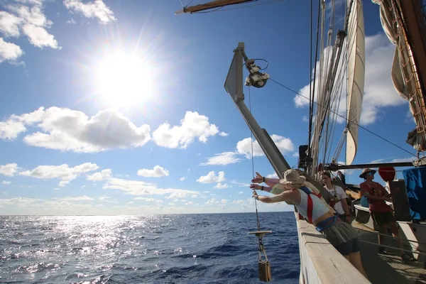 Taylor, Zuzanna, and Brier deploying the Secchi Disk