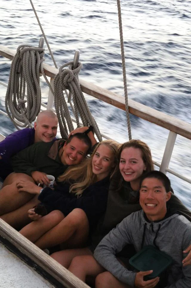 (From left to right) Parker, Morgan, me, Katie, and Henry on the day we crossed the equator (and some of the crew shaved their heads)