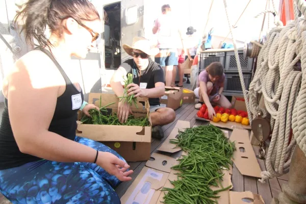 Tiffany, Justin and Abril help prepare green beans and peppers for stowage.