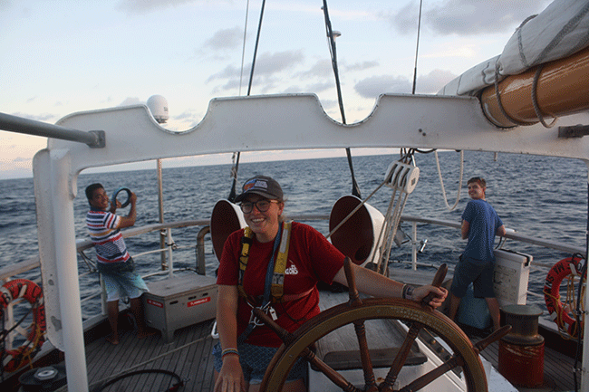 Miita and I attempting to catch dinner with Sophie at the helm.