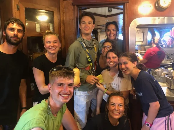 Sweaty posing in front of the galley