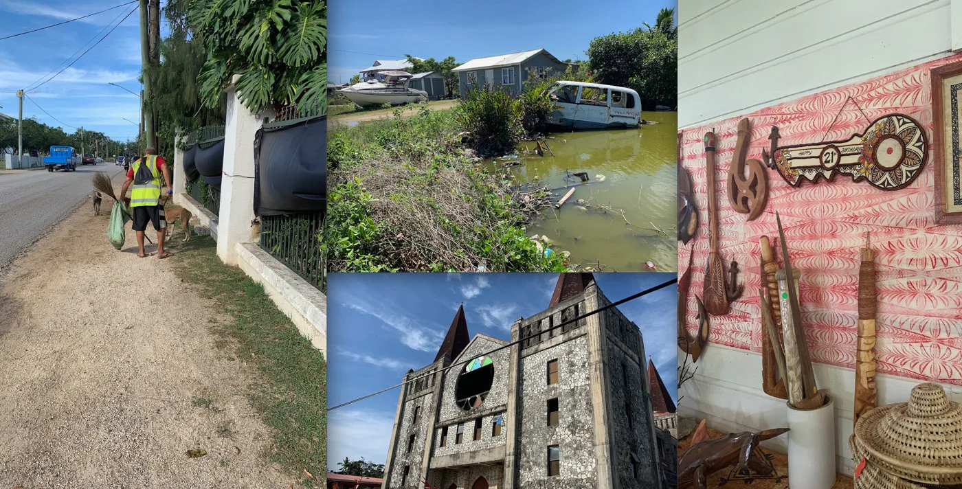 Clockwise: 1) A Government worker cleanng up trash while dogs bark around him. 2) A car dumped in a sess pool in Nuku’alofa. 3) A key showing importance of turning 21. I turned 21 in Tonga. 4) An abandoned church 2km in town.