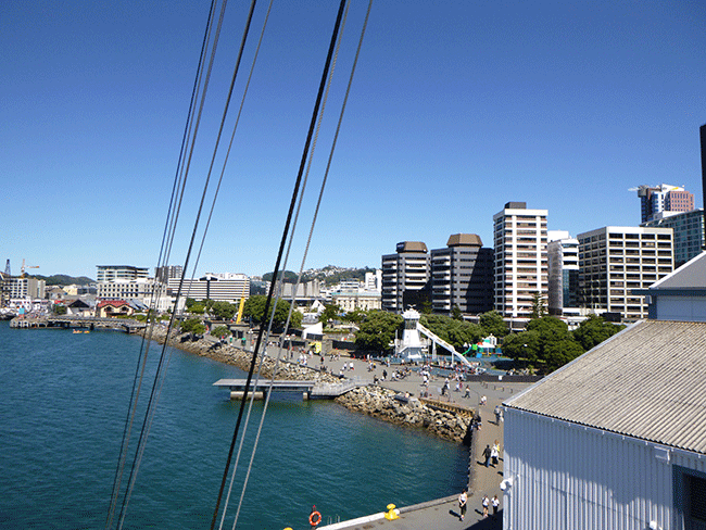 The Wellington waterfront, taken from aloft the foremast.